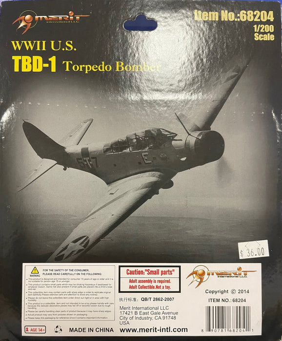 1/200 WWII U.S. TBD-1 TORPEDO BOMBER - 4 "BUILT & PAINTED" PLANES BLISTER CARD SET - MERIT INT'L