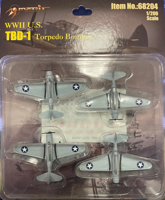 1/200 WWII U.S. TBD-1 TORPEDO BOMBER - 4 "BUILT & PAINTED" PLANES BLISTER CARD SET - MERIT INT'L