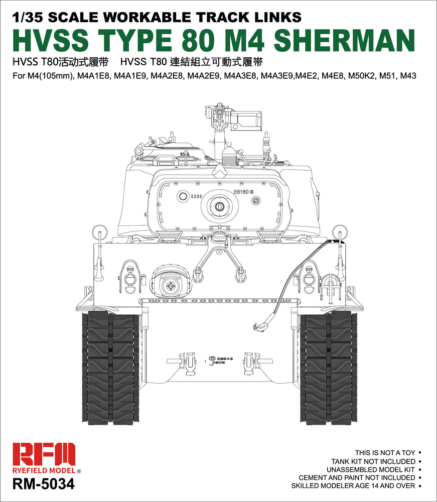 1/35 M4 SHERMAN HVSS TYPE 80 WORKABLE TRACK LINKS SET RYE FIELD RM5034
